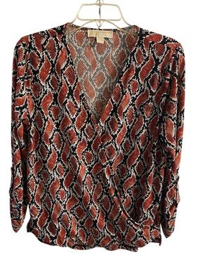 Michael Kors Women's Rust Black Snakeskin Print Faux Wrap Blouse Medium